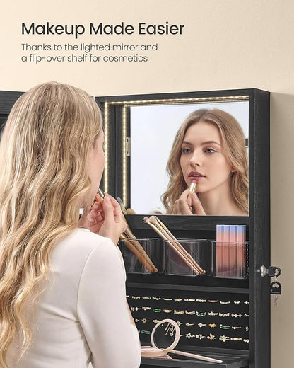 SONGMICS 55 Inches Tall Spacious Jewelry Cabinet, Jewelry Armoire with Light-Up Interior Mirror, Wall or Door Mounted Jewelry Storage Organizer, Lockable, Gift Idea, Black UJJC032BZ01