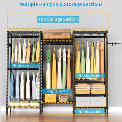 Heavy Duty Garment Rack Clothes Rack,Large Metal Closet Organizer System Storage Wardrobe,Freestanding Clothing Rack with 8 Adjustable Wire Shelves&4 Hang Rods,MaxLoad 800lbs