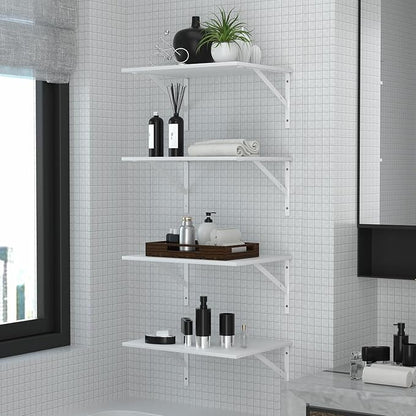 Deep Floating Wall Shelves - 4 Sets of 12 Inch Wide White Wood Shelves for Bathroom, Bedroom, Kitchen, Living Room