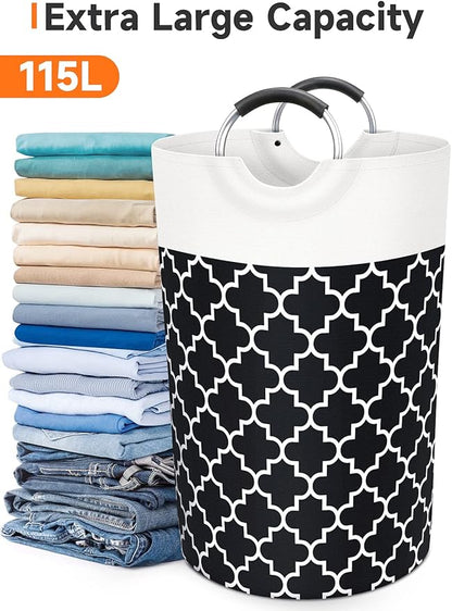 Large Laundry Basket Laundry Hamper Bag Washing Bin Clothes Bag Collapsible Tall with Handles Waterproof Travel Bathroom College Essentials Storage for College Dorm, Family (Black) 115L