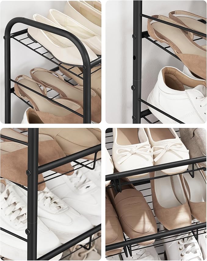 SONGMICS 4 Tier Shoe Rack, Stackable Storage Rack, Up to 16 Pairs, Metal, 68.5 x 27.5 x 65 cm, for High Heels, Sneakers, Slippers, in Entrance, Black LMR067B01