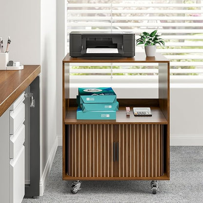 Printer Stand with Storage, File Cabinets with Sliding Doors, Rolling Printer Cart Under Desk with Open Storage Shelf for Home Office, Workspace (Walnut, 23.62" L)