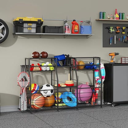 Garage Sports Equipment Organizer with Wheels - Ball Storage Rack with Elastic Rope or Wire Mesh,Garage Organizer System,Indoor/Outdoor Sports Rack for Sports Gear and Toys Storage,Black