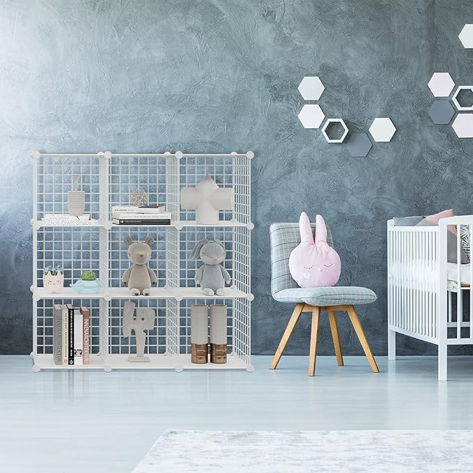 HUBSON Wire Cube Storage Organizer, Book/Toy/Craft/Potted Plants and petCloset Organizers and Storage Shelves, 9-Cube Freely Combinable Metal Grids Storage Shelf,White Plus Iron