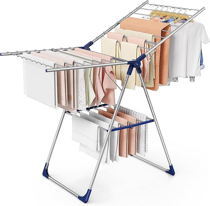 Clothes Drying Rack, Foldable Laundry Drying Rack with Height-Adjustable Wings, for Clothing & Bedding, Free-Standing Space-Saving Rack, Indoor & Outdoor, 54" L × 22.8" W, Silver Blue