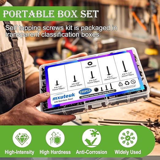 mxuteuk 230PCS #8 Self Tapping Screws,410 Stainless Steel Self Tapping Screws for Metal,1/2",5/8",3/4",1",1-1/4" Modified Truss Head Self Drilling Screw for Metal (115PCS Screw+115PCS Washers)