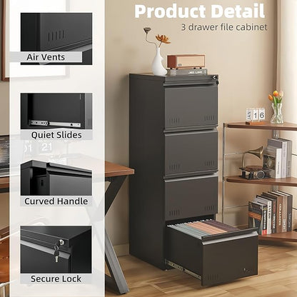Metal File Cabinet with Lock, Vertical 4 Drawer File Cabinets for Home Office, Heavy Duty Office Storage Cabinet for A4/Letter/Legal Size, Assembly Required(Black)