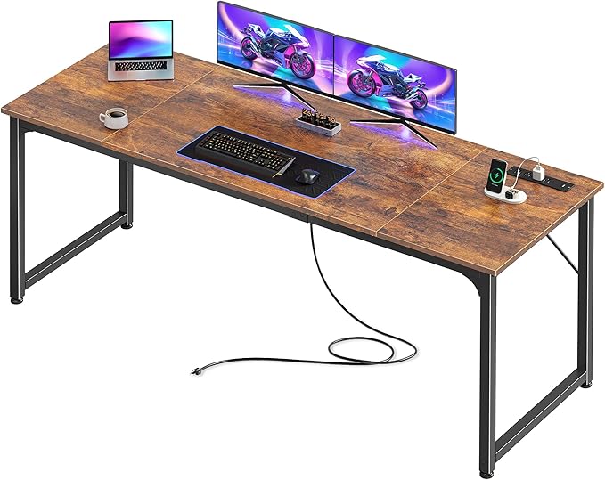 PRAISUN 70 X 24 Inch Office Computer Desk with Power Outlets and USB-C Port, Larger and Longer Gaming Desk, for Home Office, Study, Writing Work from Home Table, Metal Frame, Rustic Brown