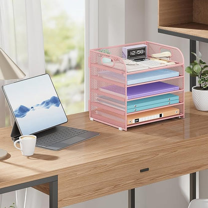 2 Pack 5 Tier Paper Organizer, Letter Tray with Handle, Mesh Desk Organizer, Metal File Organizer, Office Desk Accessories for Home, Office, Classroom, School -Pink