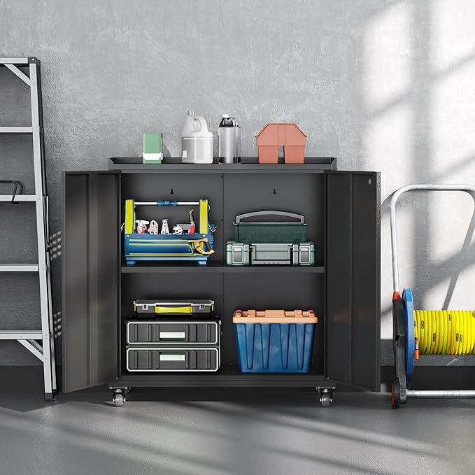 34" Metal Garage Storage Cabinet with Wheels, Adjustable Rolling Tool Storage Cabinet with Lock, Steel Locking Tool Cabinet with Doors and Shelves for Garage, Warehouse（Black）