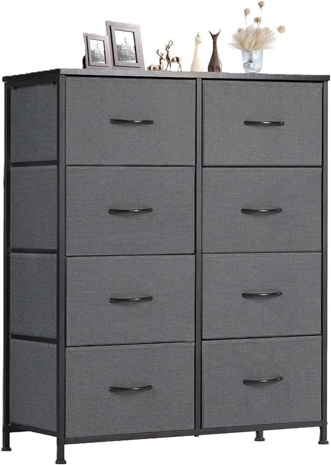 Sweetcrispy Dresser for Bedroom, Fabric Dresser with 8 Drawers, Chest of Drawers for Closet, Living Room, Sturdy Steel Frame, Wooden Top, Easy Pull Handle, Grey