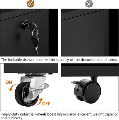 Yaheetech File Cabinet, Under Desk Vertical Cabinet with 2 Drawers and Open Compartment, Printer Stand with Lockable Wheels for A4 Letter Size Hangable File Folders for Home Office(Black)
