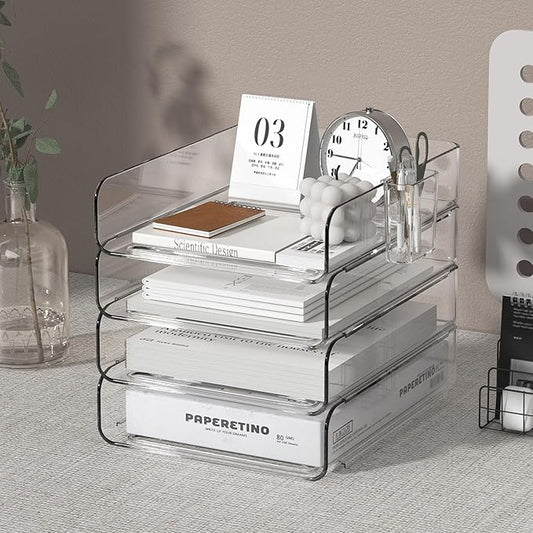 4-Tier Acrylic Paper Tray Organizer with Pen Holder | Clear Stackable Desk Organizer for Documents, Letters, A4 Paper | Modern Office/Classroom/Home Organization