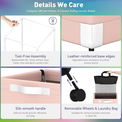 Caroeas Next-Gen 105L Matel Frame Laundry Basket with wheels, Heavy Duty Tall Rolling Laundry Hamper with Removable Wash Bag, Collapsible Freestanding Clothes Hamper For Laundry Room (105L,Pink,1Pack)