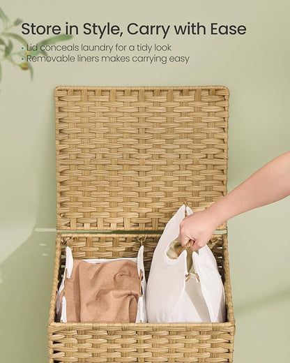 SONGMICS 2-Section Laundry Hamper with Lid, 29 Gal (110L) PE Rattan Laundry Basket with Removable Washable Liners, for Bedroom & Living Room, Goose Yellow ULCB222YE01