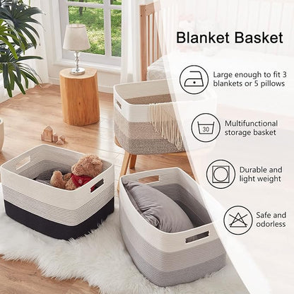 OIAHOMY Large Blanket Basket, 22”x17”x12” Rectangle Woven Baskets, Nursery Blanket Storage Living Room, Toy Storage With Handle, Large Baskets for Organizing-Gradient Grey