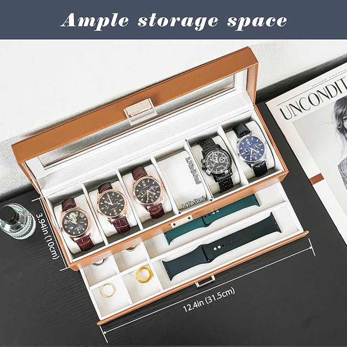ProCase Watch Box, 6 Slot Watches Display Case with Drawer, Mens Watch Case with Glass Lid, 2-Layer Mens Jewelry Organizer Storage Holder, Birthday Valentine Gifts for Men -6 Slot, Khaki