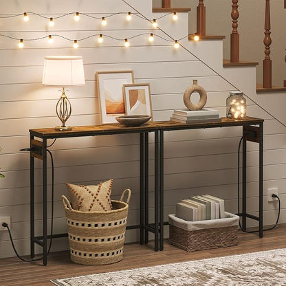 HOOBRO Narrow Console Table with Power Outlets, 29.5" Small Entryway Table with Charging Station, Thin Sofa Table, Side Table, for Hallway, Bedroom, Living Room, Rustic Brown and Black BF75UXG01