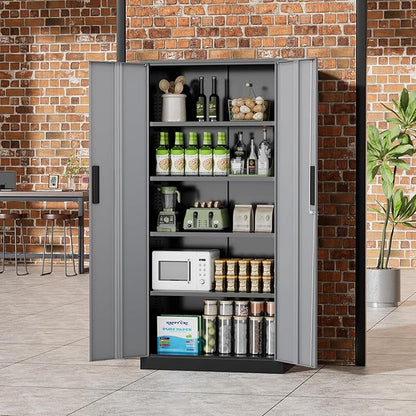 Greenvelly Metal Storage Cabinet,72" Locking Metal Garage Storage Cabinet with Doors and 4 Adjustable Shelves, Lockable Steel Cabinet for Home Office, Garage, Shop, School (Black Grey 32" W x 16" D)