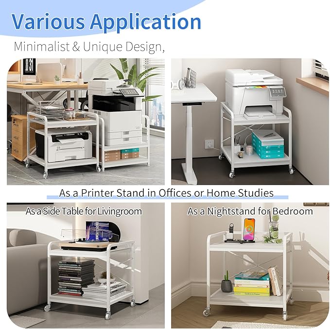 Under Desk Printer Stand with Power Outlet Large Printer Table with Adjustable Shelf,Industrial Wheels, 20 Inches Deep 2 Tier Rolling Printer Cart for Home Office, White