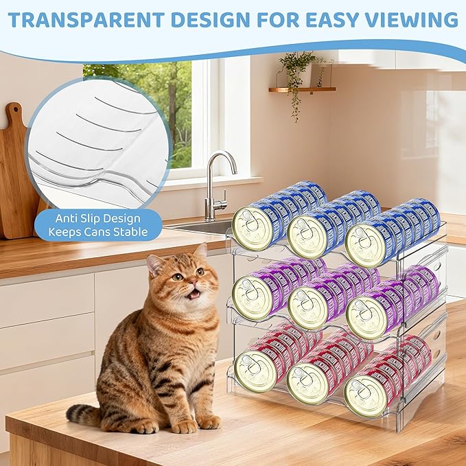 Cat Food Can Organizer, 3 Layer Clear Acrylic Cat Food Storage Rack Holds 54 Cans, Includes Pet Can Spoon & Silicone Can Cover, Canned Food Organizer for Countertop Kitchen Cabinet