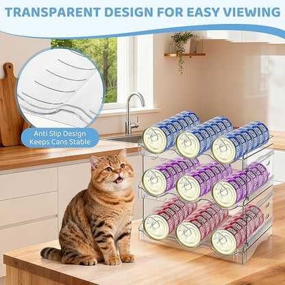 Cat Food Can Organizer, 3 Layer Clear Acrylic Cat Food Storage Rack Holds 54 Cans, Includes Pet Can Spoon & Silicone Can Cover, Canned Food Organizer for Countertop Kitchen Cabinet