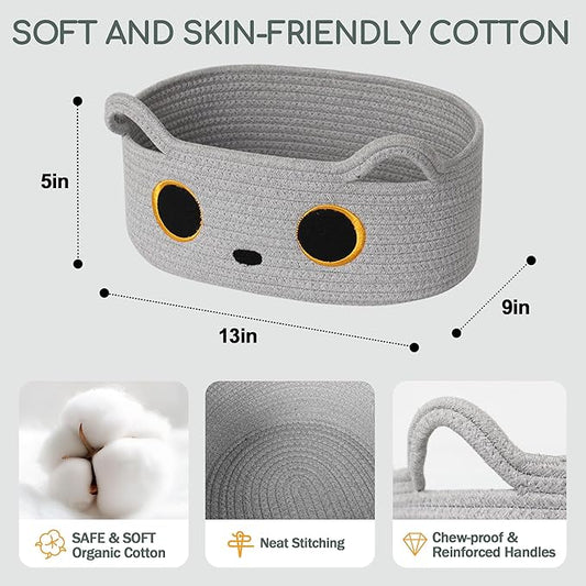 Gray Cat Toy Basket, Small Woven Cat Toy Storage Box with Cute Ears Handle Indoor, Cotton Rope Storage Bin with Embroidered Face for Home Decor, Pet Bed, Nursery Kids Room Organization