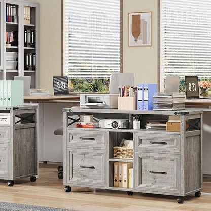 Vabches Farmhouse Filing Cabinet with Adjustable Shelf & Wheels, Lateral File Cabinets, Office Storage Cabinet with 4 Drawers and Open Storage Space, for Hanging Files Letter/A4, for Home Office.Grey