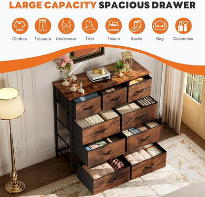 Sweetcrispy 9-Drawer Fabric Dresser Storage Tower with Wood Top and Steel Frame, Organizer Chest with Easy Pull Handles for Bedroom, Closet, Hallway,Distressed Brown