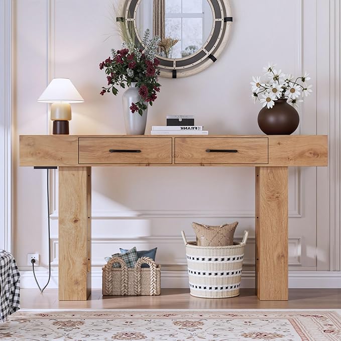 63" Console Table for Entryway, Farmhouse Sofa Tables with Drawers and Outlet, Narrow Long Accent Table for Entrance Hallway Living Room, Natural