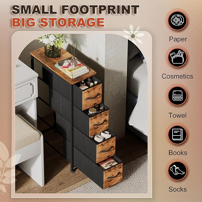 Narrow Dresser Storage Tower with 4 Drawers, Slim Dresser Chest of Drawers with Steel Frame, Wood Top, Dresser for Bedroom, Bathroom, Small Spaces, Laundry, Closet (Rustic Brown)