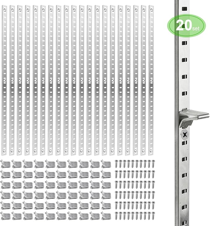 Bueyfolt 20 Sets 17 Inch Pilaster Shelf Brackets, Adjustable Mortise Mount Shelf Rails with 3 Pilaster Clips and Screws for Wall Shelving System