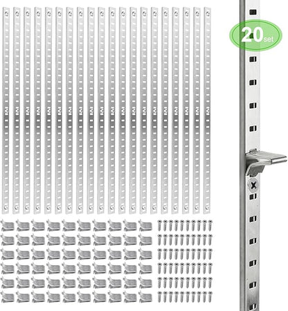 Bueyfolt 20 Sets 17 Inch Pilaster Shelf Brackets, Adjustable Mortise Mount Shelf Rails with 3 Pilaster Clips and Screws for Wall Shelving System