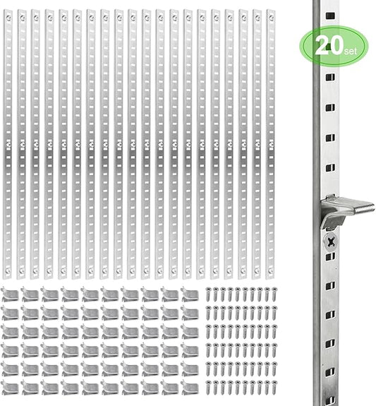 Bueyfolt 20 Sets 17 Inch Pilaster Shelf Brackets, Adjustable Mortise Mount Shelf Rails with 3 Pilaster Clips and Screws for Wall Shelving System