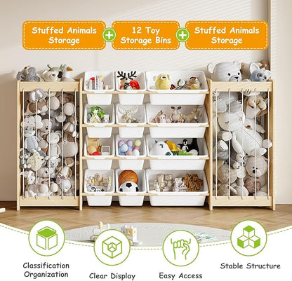 Large Toy Storage Organizer, Wooden Stuffed Animal Storage & 12-Bins Toy Organizer, Double-Sided Plush Toy Holder Featuring Thicker Ropes, Space Save Playroom Nursery Bedroom Storage, White