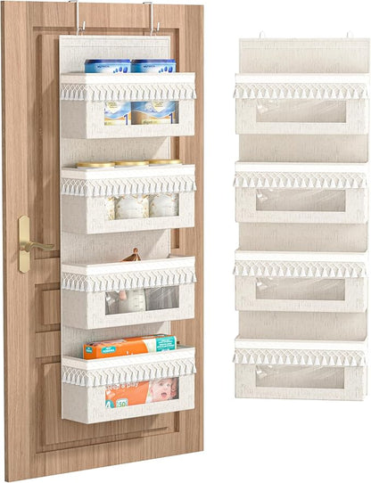 Aokeyee 4 Tier Over The Door Organizer Storage Nursery, Boho Door Organizer Hanging with Tassels and Clear Window, 55lb Behind The Door Storage for Baby Nursery, Bedroom, Bathroom, Laundry, Pantry