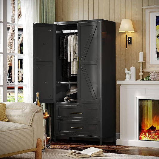 Aobabo Metal Wardrobe Cabinet with 2 Drawers, 71" H Metal Wardrobe Closet with Adjustable Shelf and Hanging Rod for Home, Laundry Room, Black,Installation Required