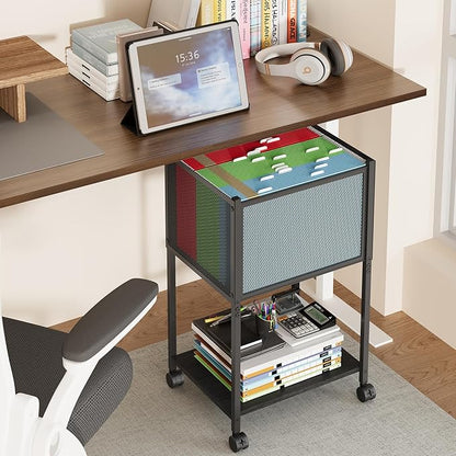 Letter/Legal Rolling File Cart, Narrow Mobile File Cabinet with Wheels Hanging Files, Metal Hanging File Folder Cart File Organizer Under Desk Storage for Home Office, Black