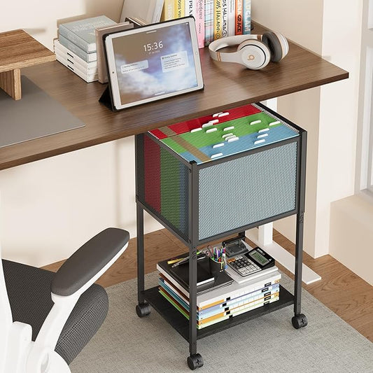 Letter/Legal Rolling File Cart, Narrow Mobile File Cabinet with Wheels Hanging Files, Metal Hanging File Folder Cart File Organizer Under Desk Storage for Home Office, Black