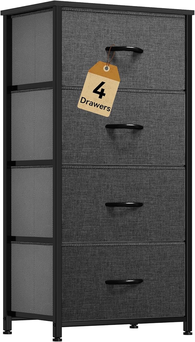 DWVO Storage Tower with 4 Drawers - Fabric Dresser, Organizer Unit for Bedroom, Living Room, Closets - Sturdy Steel Frame, Easy Pull Fabric Bins & Wooden Top