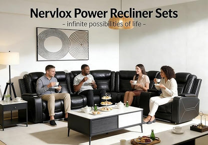 Power Recliner Sectional Sofa, L-Shape Living Room Furniture Set, Black Breathing Leather Sofa and 2 Chairs, Reclining Sectional Couch with LED/Storage/Cup Holder/Type C USB for Office/House
