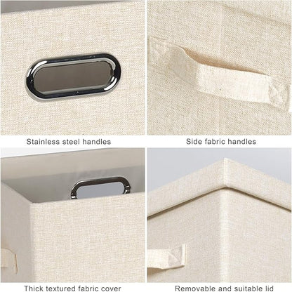 Large 17" 36 Quart Collapsible Stackable Storage Bins with Lids, 3 Packs Light Orange Linen Fabric Closet Boxes with Lids, Storage Cube Baskets Container Organizers for Office (17x12x11)