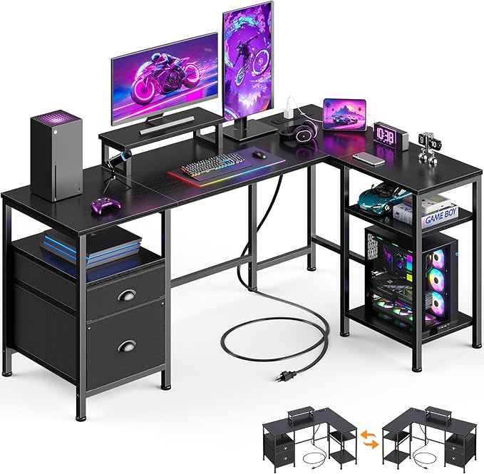 Furologee L Shaped Computer Desk with Power Outlet, Reversible Home Office Desk for Work Study, 50 Inch Corner Gaming Table with File Drawer, Monitor Stand, Storage Shelves, Black