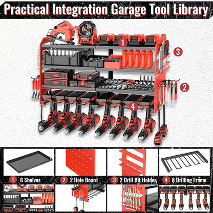 Power Tool Organizer Wall Mount, Metal Power Tool Storage Rack with Screwdriver Holder, Garage Tool Storage Shelves with Screwdriver Holder Plier Holder (Red, 8 Drills Holder)