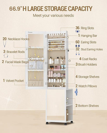 8 LEDs Jewelry Cabinet Armoire, 66.9-inch Jewelry Organizer with Garment Rack, Lockable Full-length Mirror with 4 Wheels, Storage Shelves with Hooks, 5-in-1, White and Beige JC17003BE