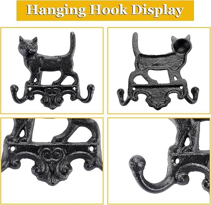 OwnMy Cast Iron Decorative Wall Coat Hook Cat Key Holder, Vintage Dog Leashes Holder Key Hooks for Walls, Heavy Duty Indoor Outdoor Double Wall Hooks for Hanging Towels, Hats, Potted Plants, Tools