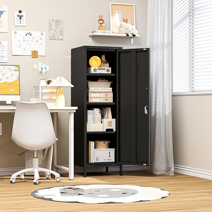 47.24" Metal Storage Locker with Lockable, Employees Metal Steel Locker with 1 Door ＆ 3 Adjustable Shelves, Small Locker Storage Cabinets for Home, School, Office, Gym (Black)