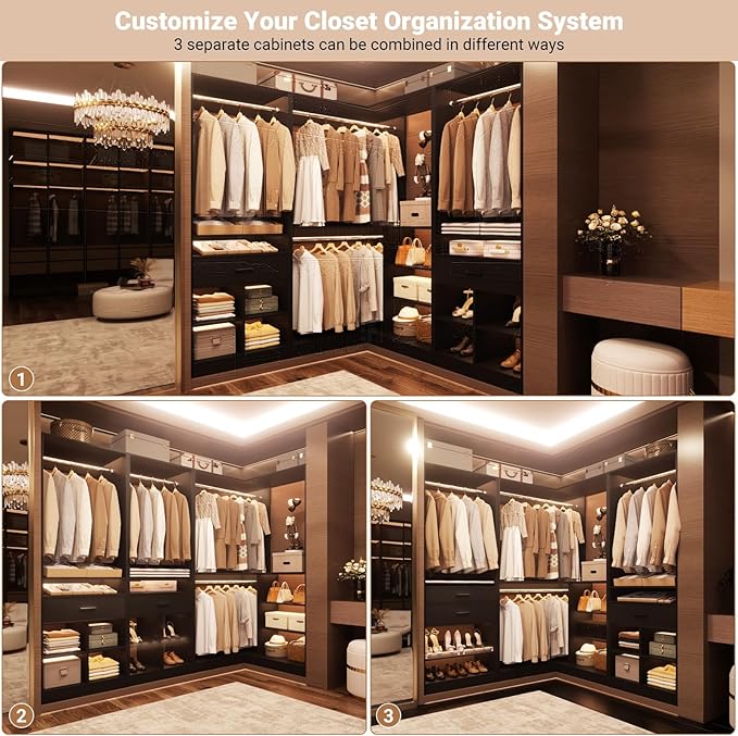 Unikito 86" Corner Closet System, Modular Closets Organizer with 4 Hanging Rods and 2 Drawers, Freestanding Adjustable Wood Clothes Garment Rack with Storage Shelves, Black