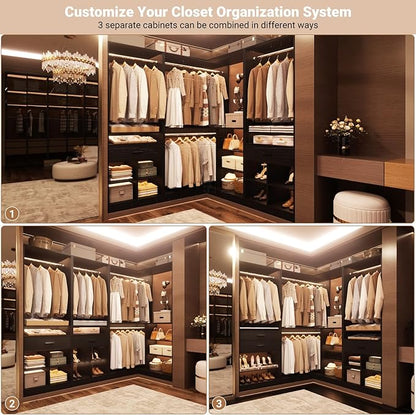 Unikito 86" Corner Closet System, Modular Closets Organizer with 4 Hanging Rods and 2 Drawers, Freestanding Adjustable Wood Clothes Garment Rack with Storage Shelves, Black