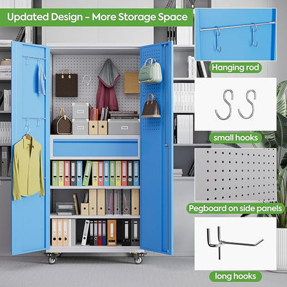 71" H Metal Garage Storage Cabinet with Wheels and Doors,Rolling Tool Cabinet with Pegboard,Rod and Drawer for Garage Warehouse Home,Required Assembly,Grey and Blue
